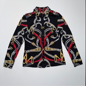 J. McLaughlin Black/Red Equestrian Catalina Cloth Button-up Horse Lover Shirt XS